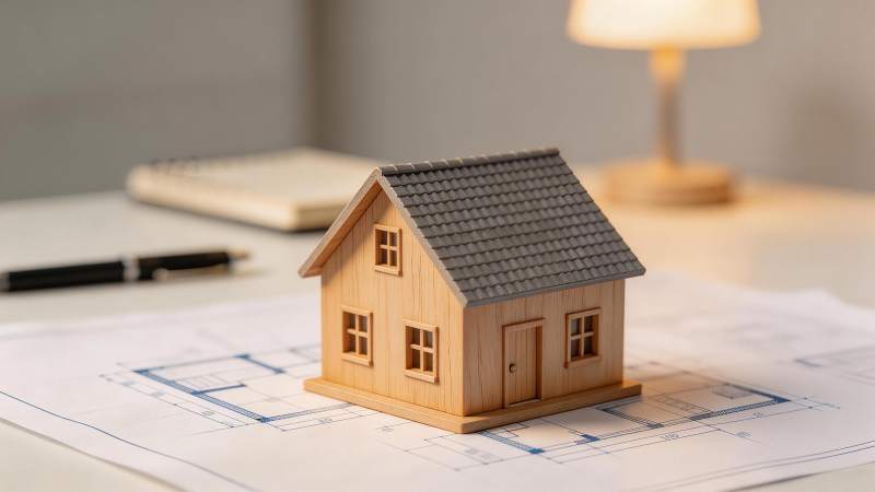 木质房屋模型置于建筑图纸之上图片