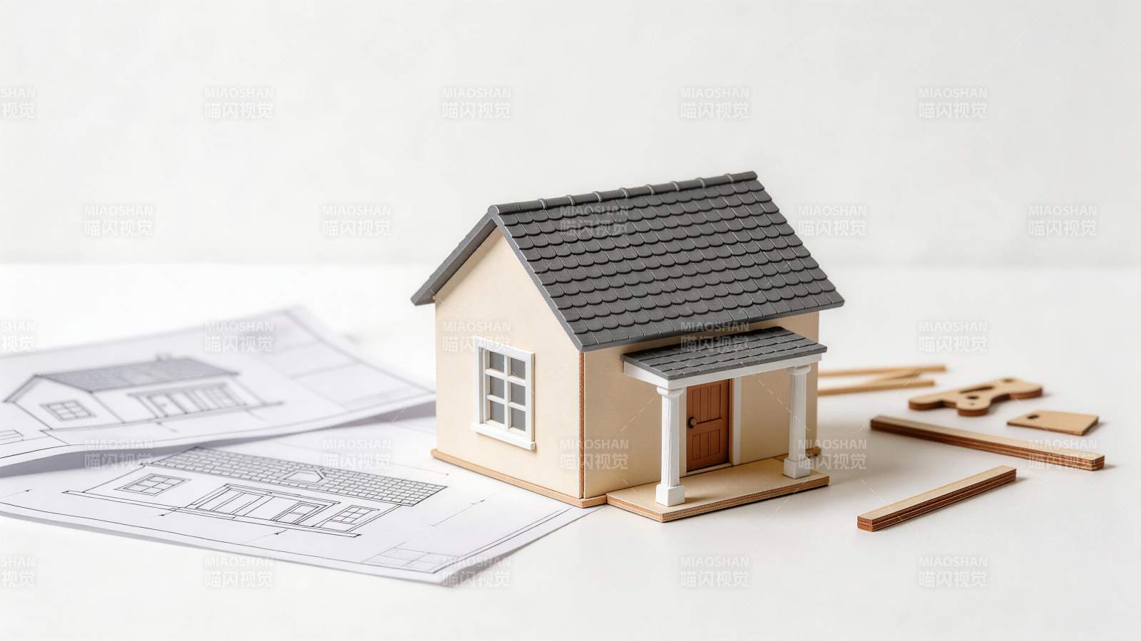 房屋模型与建筑图纸并置展示场景图片