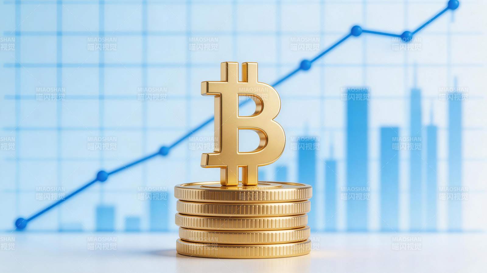金色比特币标志置于硬币堆上背景为上升趋势图片