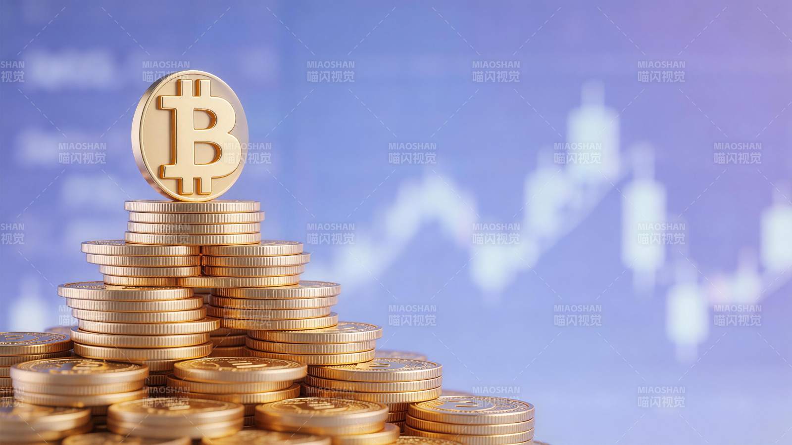 金色比特币硬币堆叠与背景金融图表图片