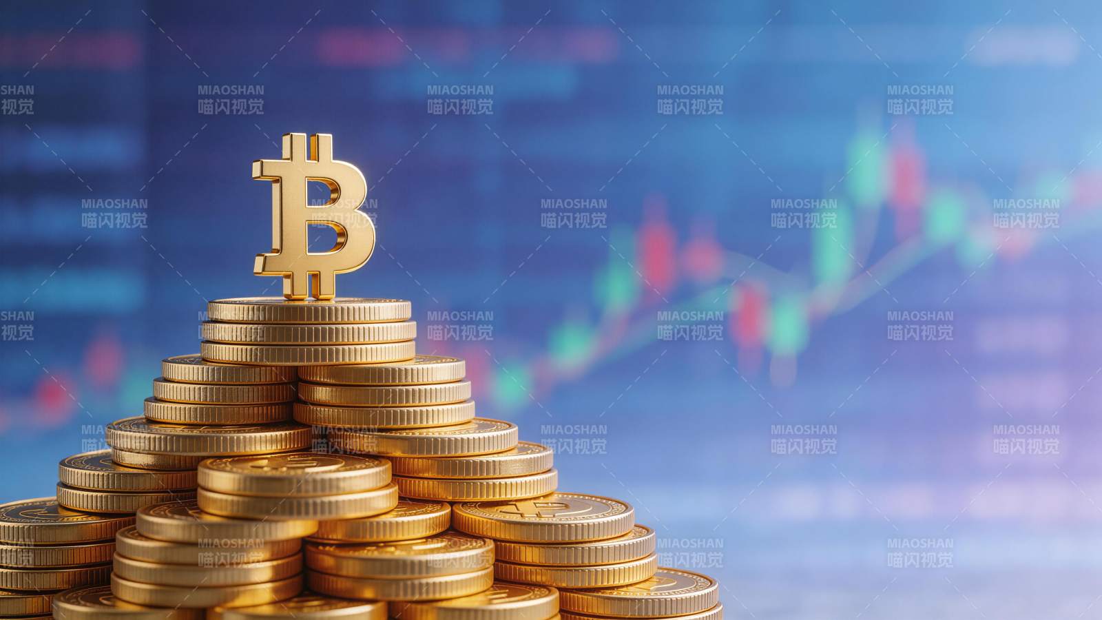 金色比特币标志置于金币堆顶端背景为交易图图片