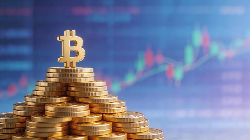 金色比特币标志置于金币堆顶端背景为交易图图片