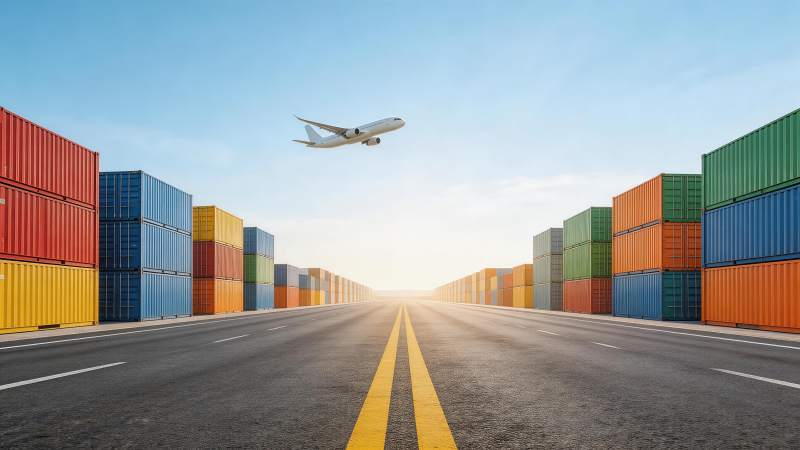 集装箱通道上空飞行的客机图片