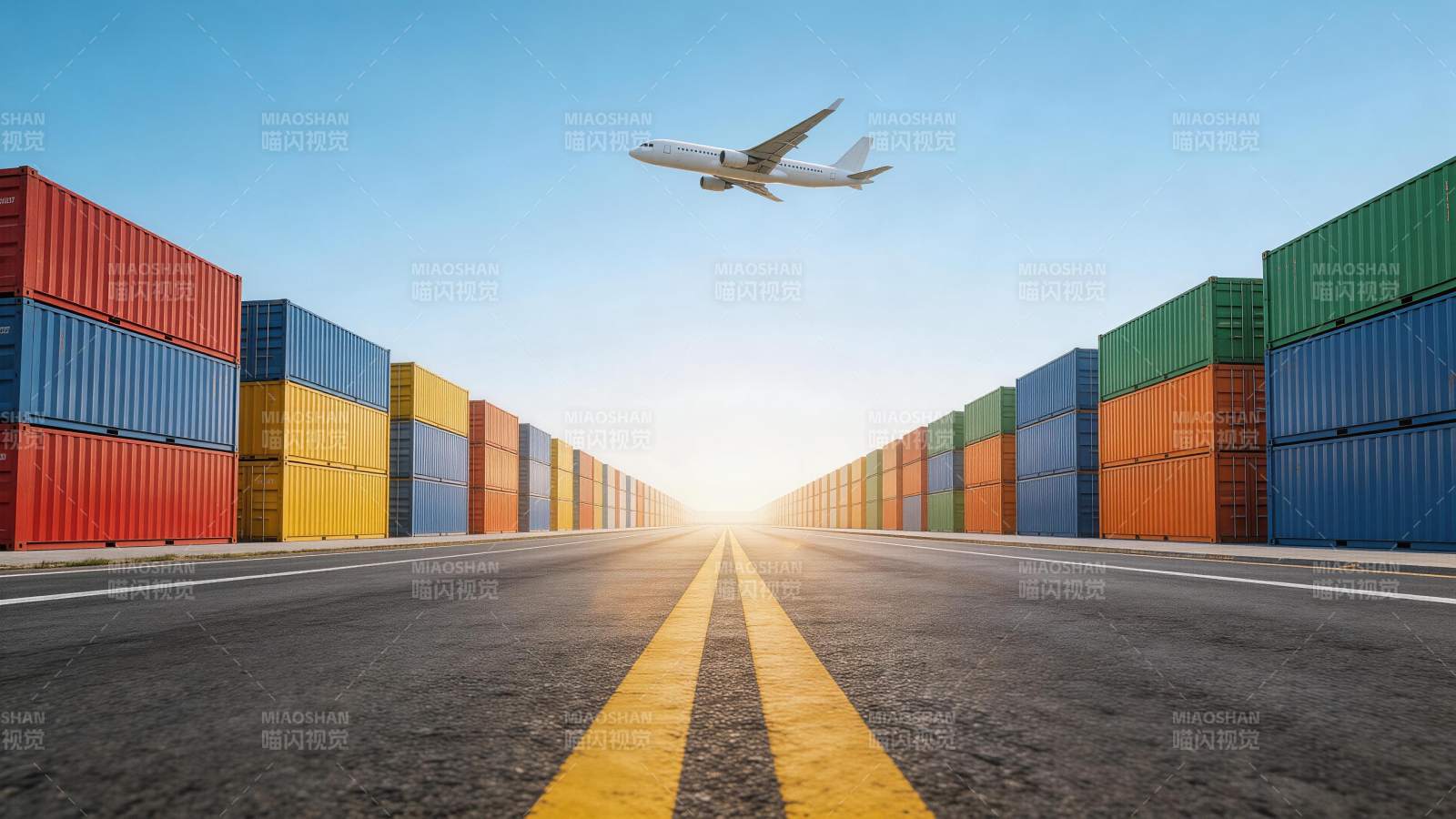 集装箱通道上空飞行的客机与道路图片