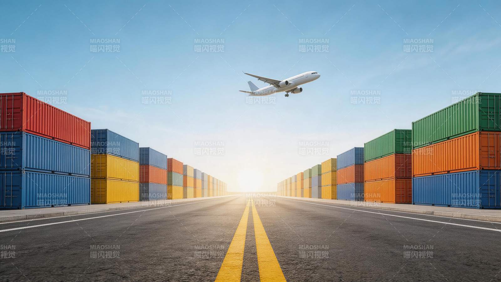 飞机飞越集装箱堆场与公路的物流场景图片