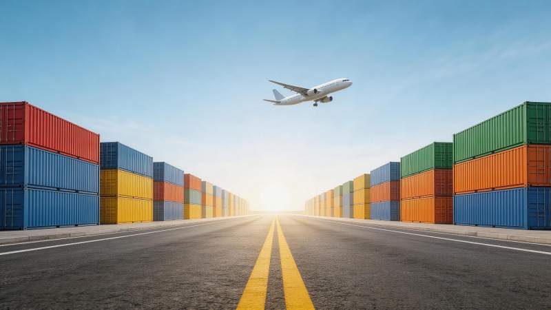 飞机飞越集装箱堆场与公路的物流场景图片