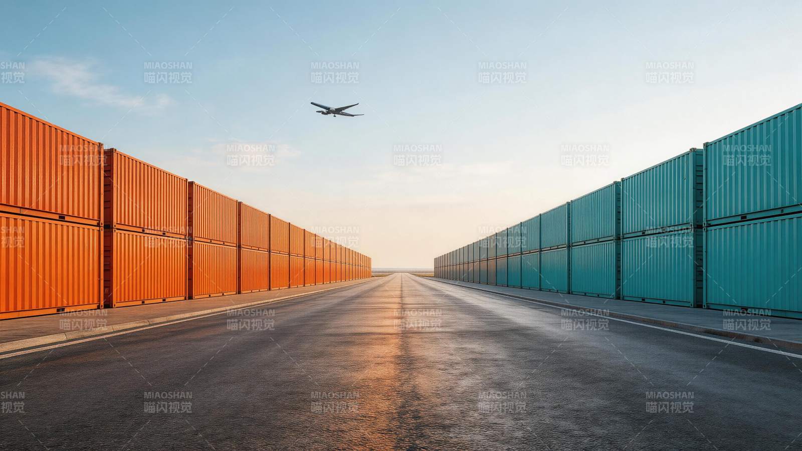 橙蓝集装箱夹道公路与空中飞行客机图片