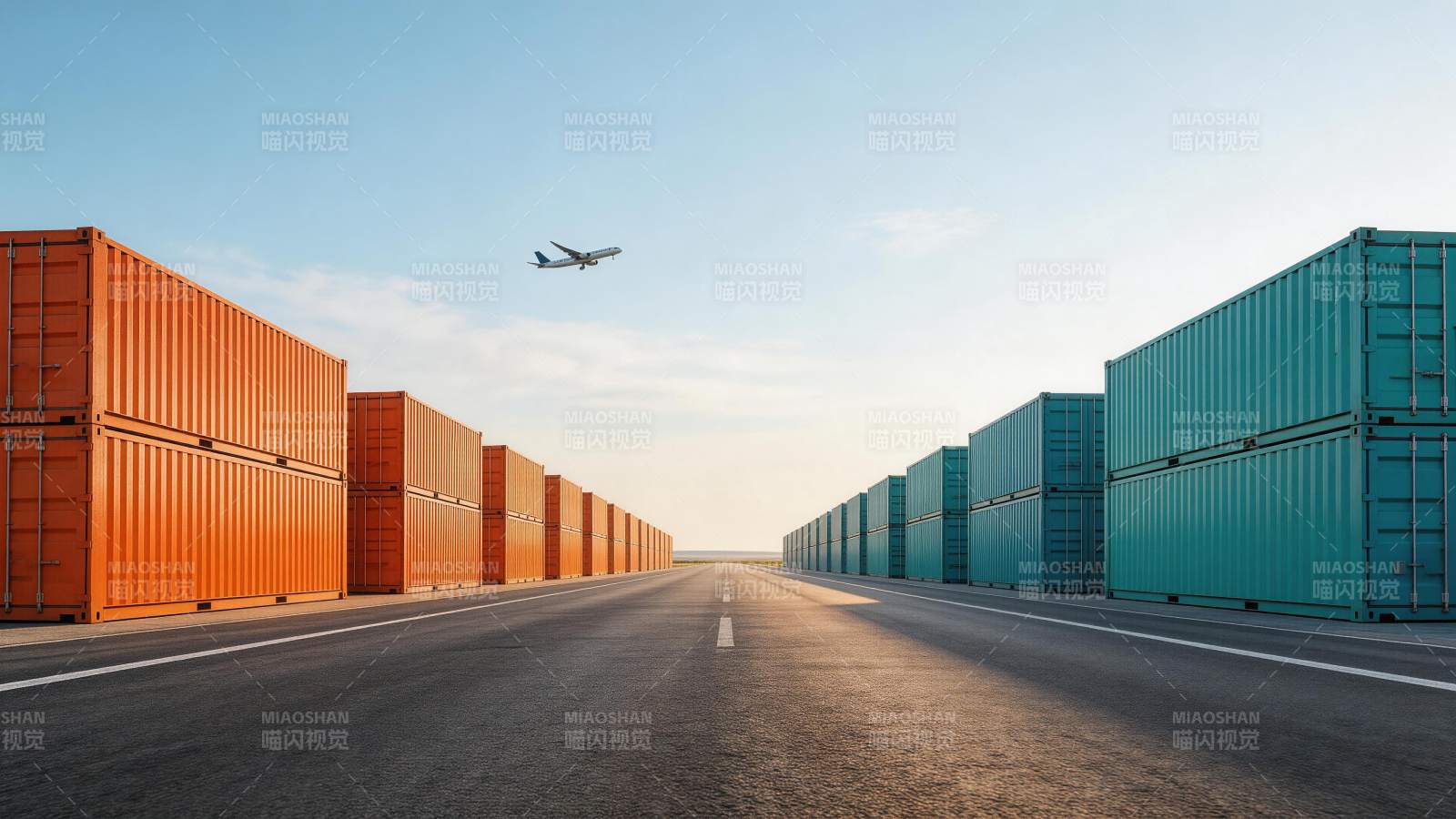 集装箱堆场道路与飞行中的客机图片