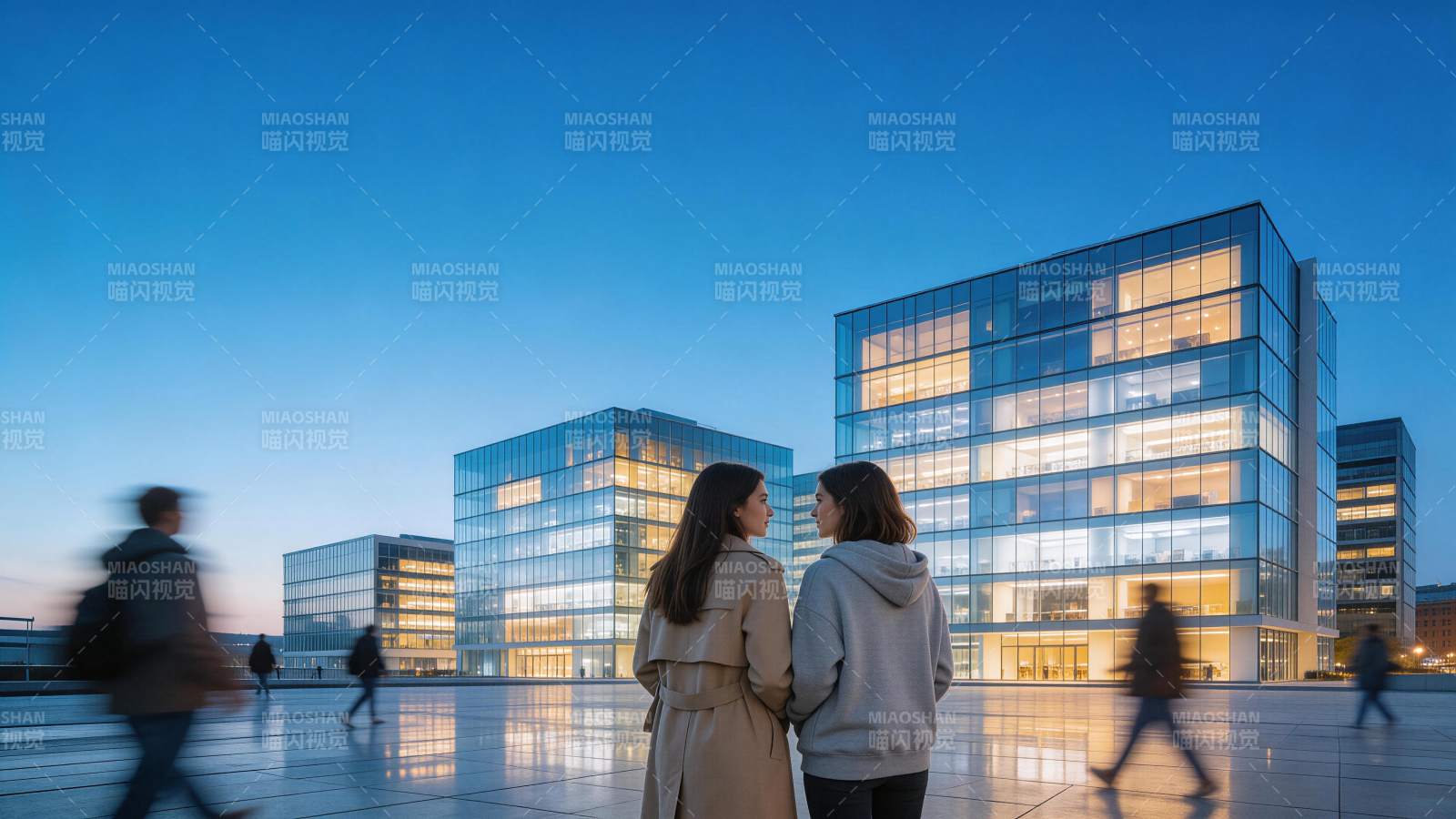 两位女性站在现代玻璃幕墙建筑前广场图片