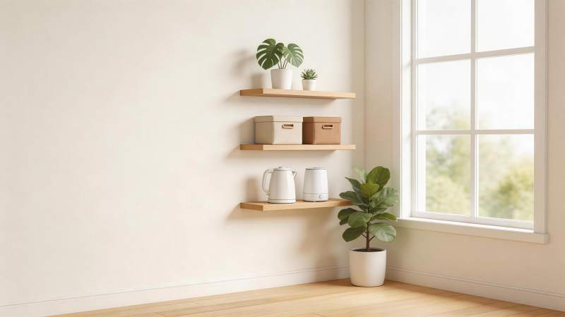 窗边木质置物架与绿植电水壶组合陈设图片