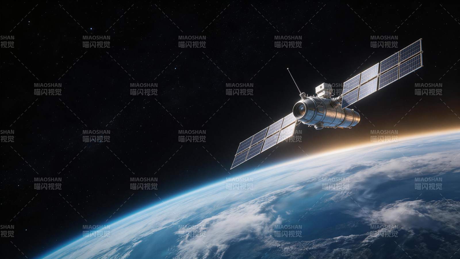 人造卫星在地球轨道上运行的太空景象图片