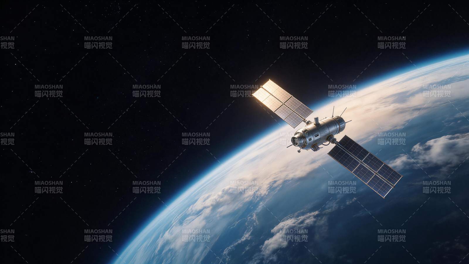 人造卫星在地球轨道上运行的太空景象图片