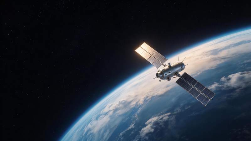 人造卫星在地球轨道上运行的太空景象图片