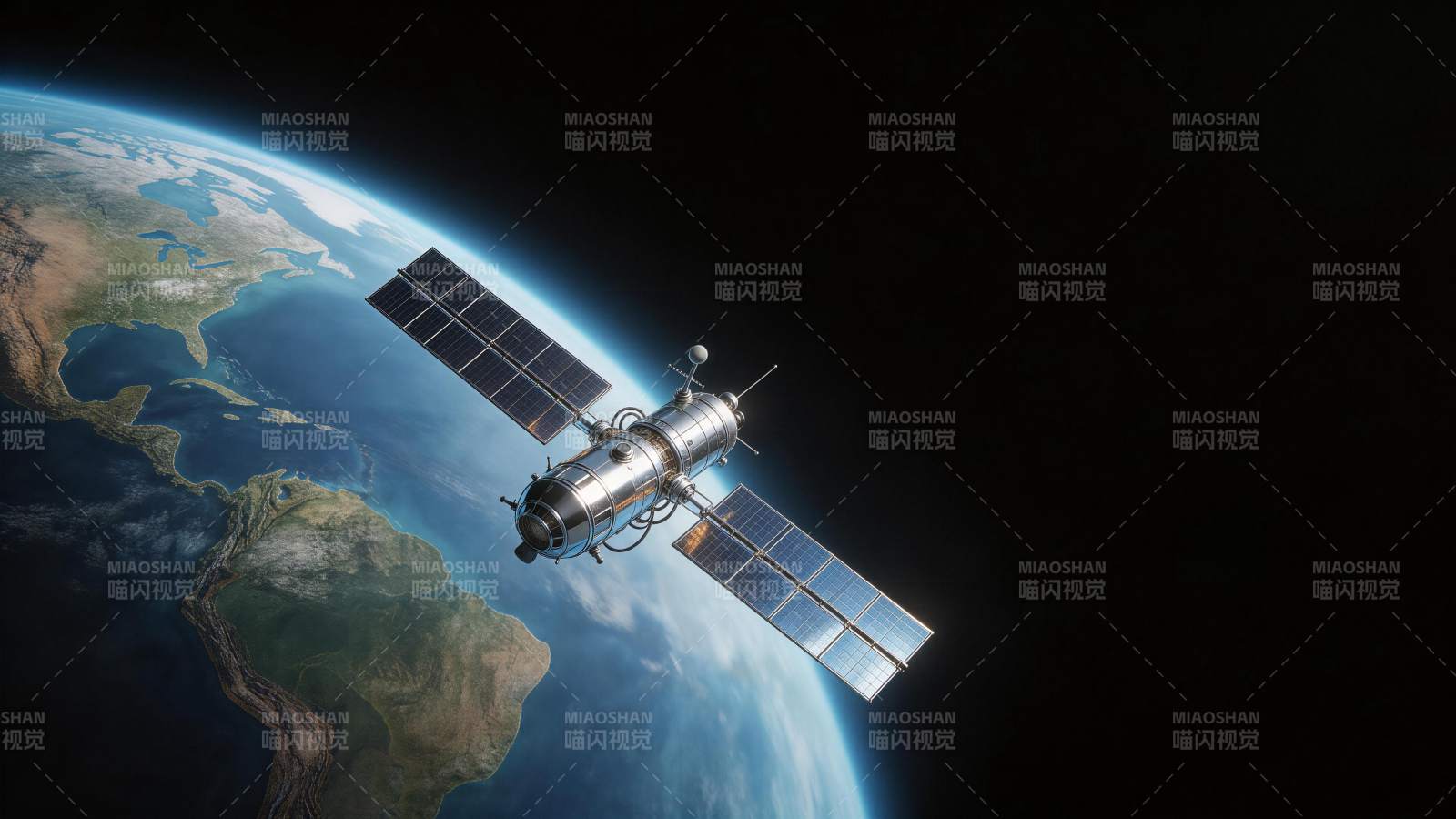 人造卫星在地球轨道上运行的太空景象图片