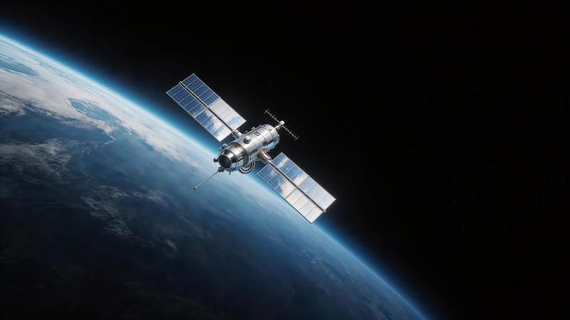 人造卫星在地球轨道上运行的太空景象图片