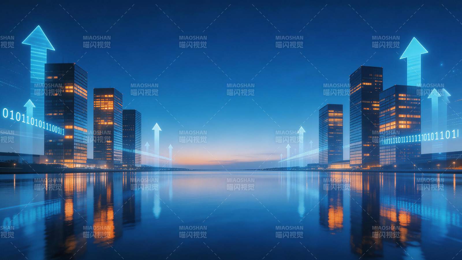 城市夜景高楼林立水面倒影与数据箭头图片