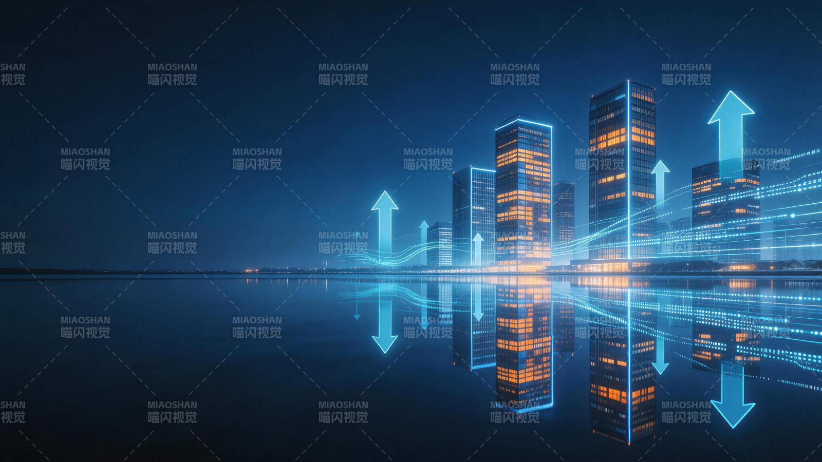 夜景城市高楼与蓝色数据箭头光效倒影图片