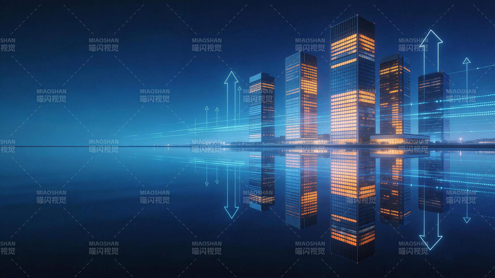 夜色中发光高楼与数据流箭头倒影景观图片