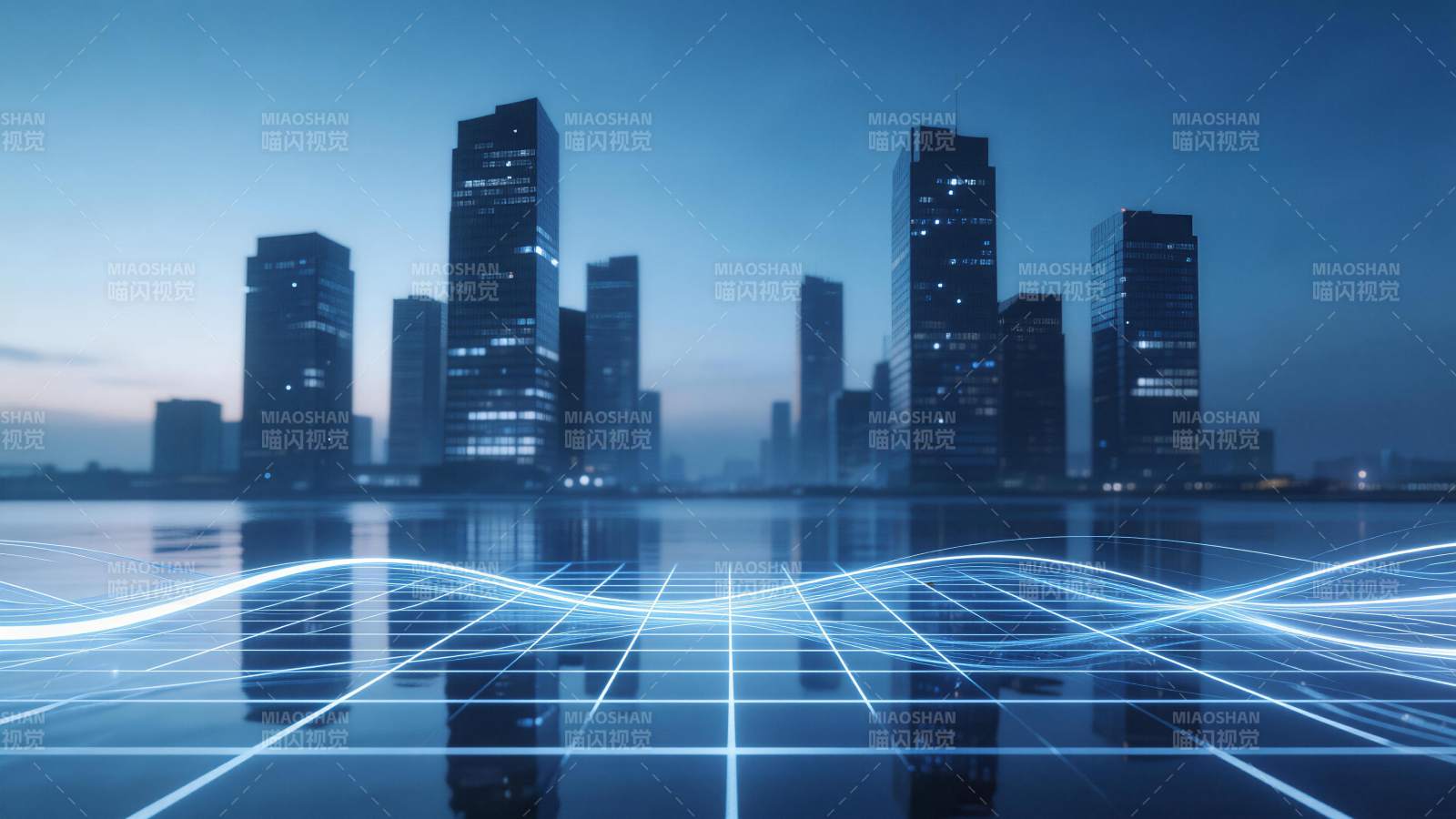 城市夜景与蓝色科技网格叠加效果图片