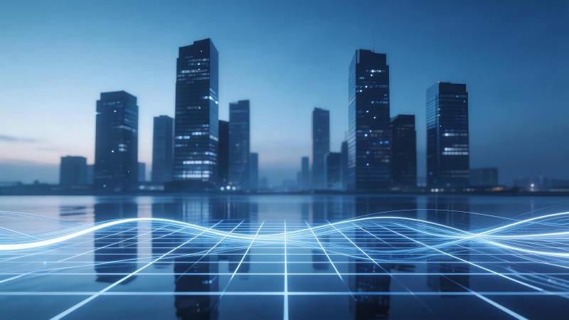 城市夜景与蓝色科技网格叠加效果图片