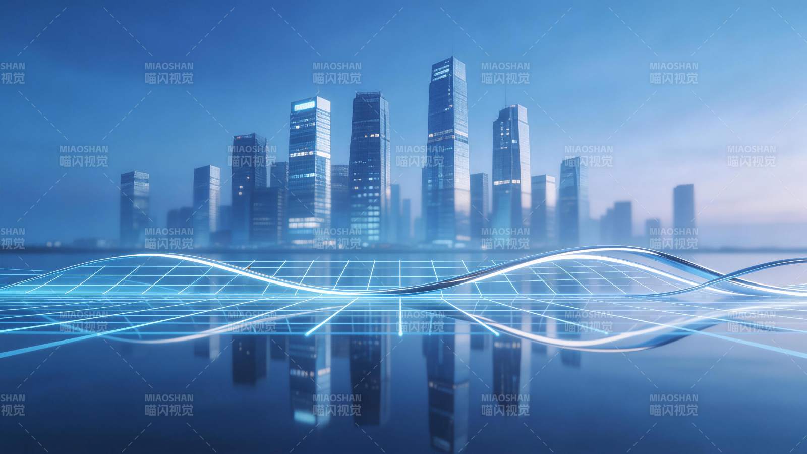 蓝色科技感城市天际线与网格光带前景图片