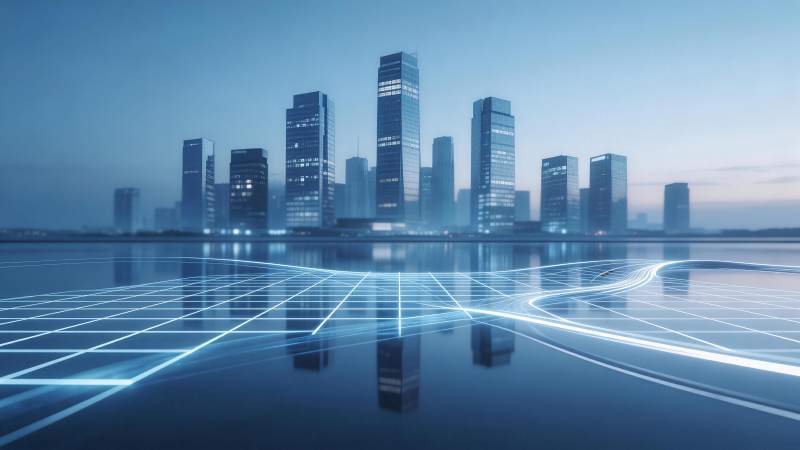 蓝色调城市天际线与发光网格地面融合景象图片