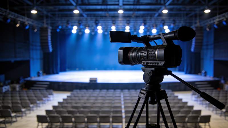 专业摄像机架设于空旷舞台观众席前方图片