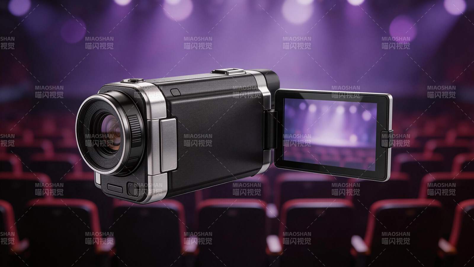 黑色便携摄像机悬浮于剧院观众席前图片
