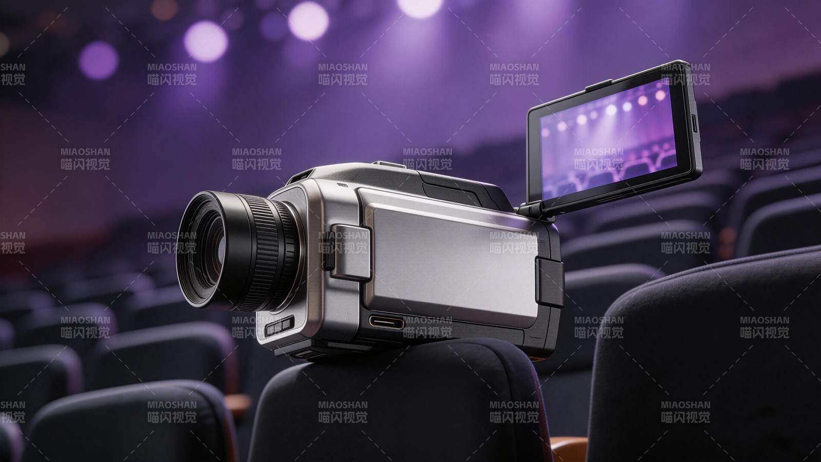 专业摄像机置于剧院座椅拍摄舞台灯光图片