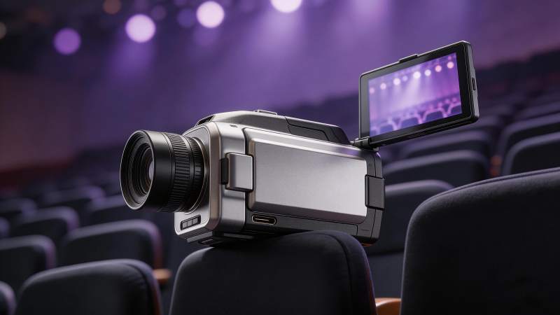 专业摄像机置于剧院座椅拍摄舞台灯光图片