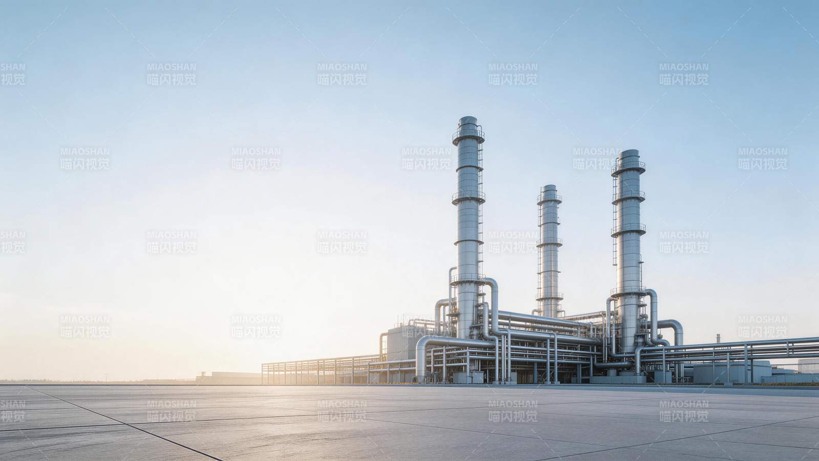 工业厂区高耸烟囱与管道系统全景图片
