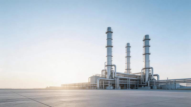 工业厂区高耸烟囱与管道系统全景图片