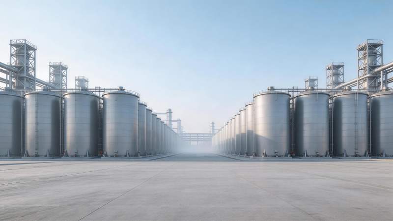 大型工业储罐阵列与管道设施全景图片
