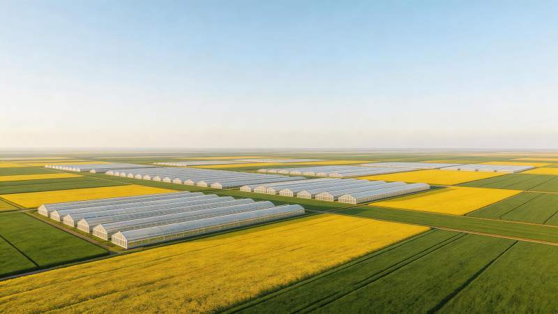 大片农田中整齐排列的温室大棚与油菜花田图片