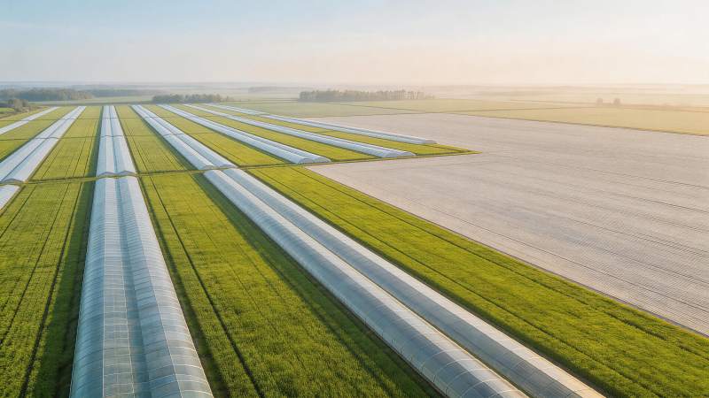 整齐排列的农业温室大棚与绿色农田航拍景象图片