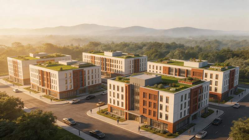 现代多层住宅建筑群与街道绿化景观图片