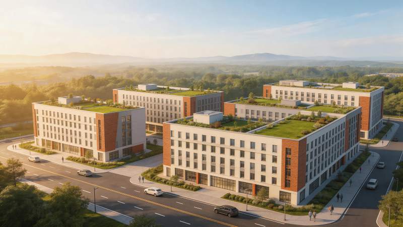 现代多层建筑群配绿色屋顶与街道景观图片