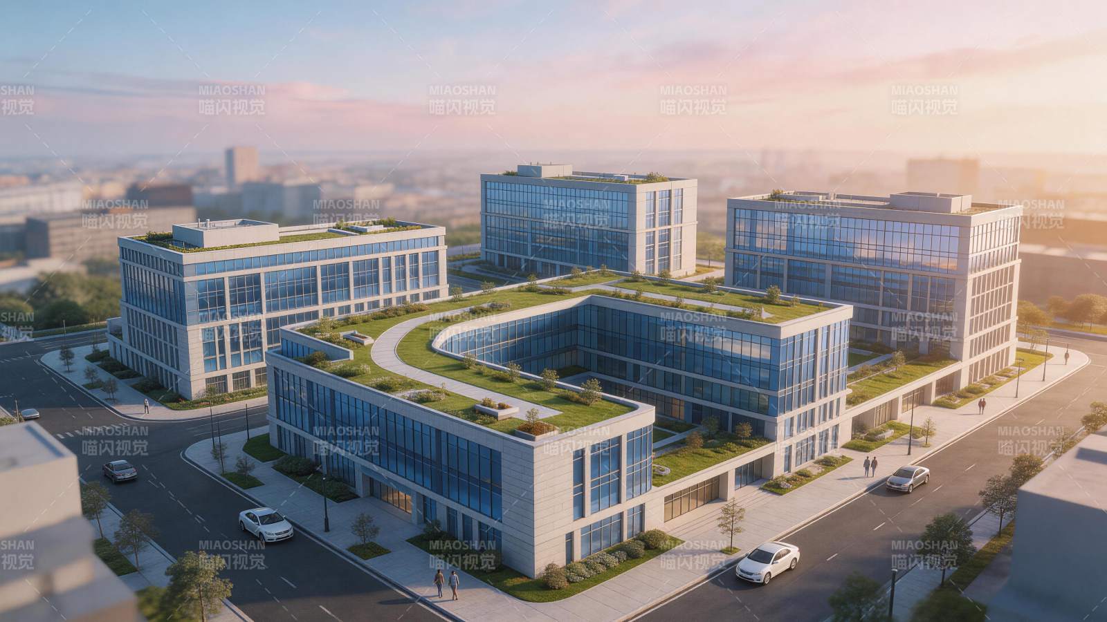 现代玻璃幕墙办公楼群与屋顶绿化景观图片