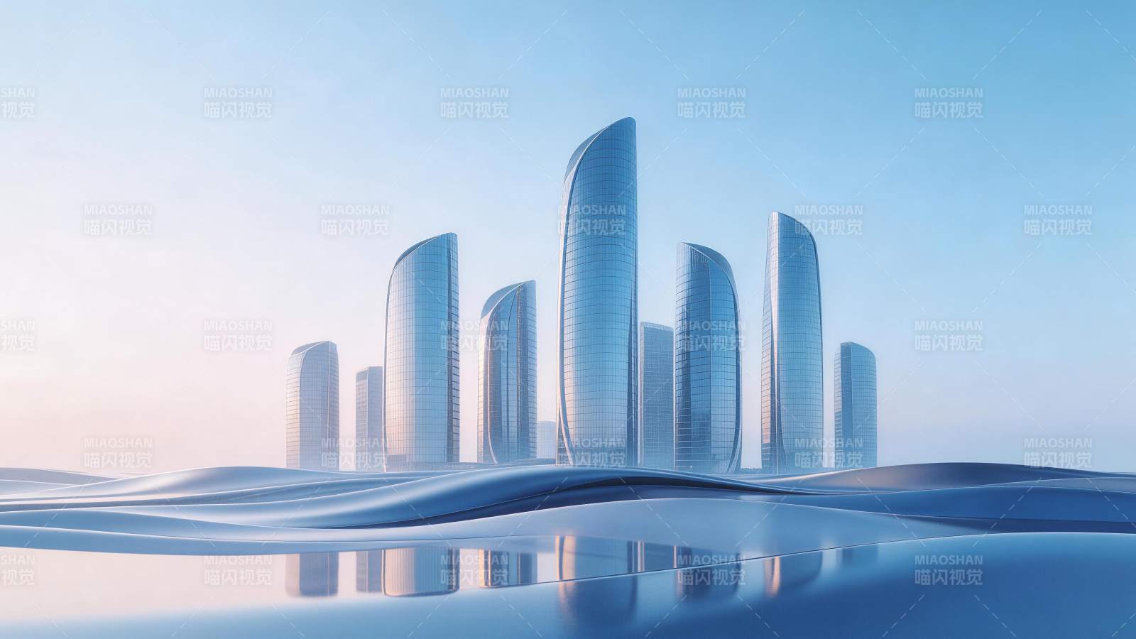 未来风格玻璃幕墙摩天大楼群矗立水面之上图片