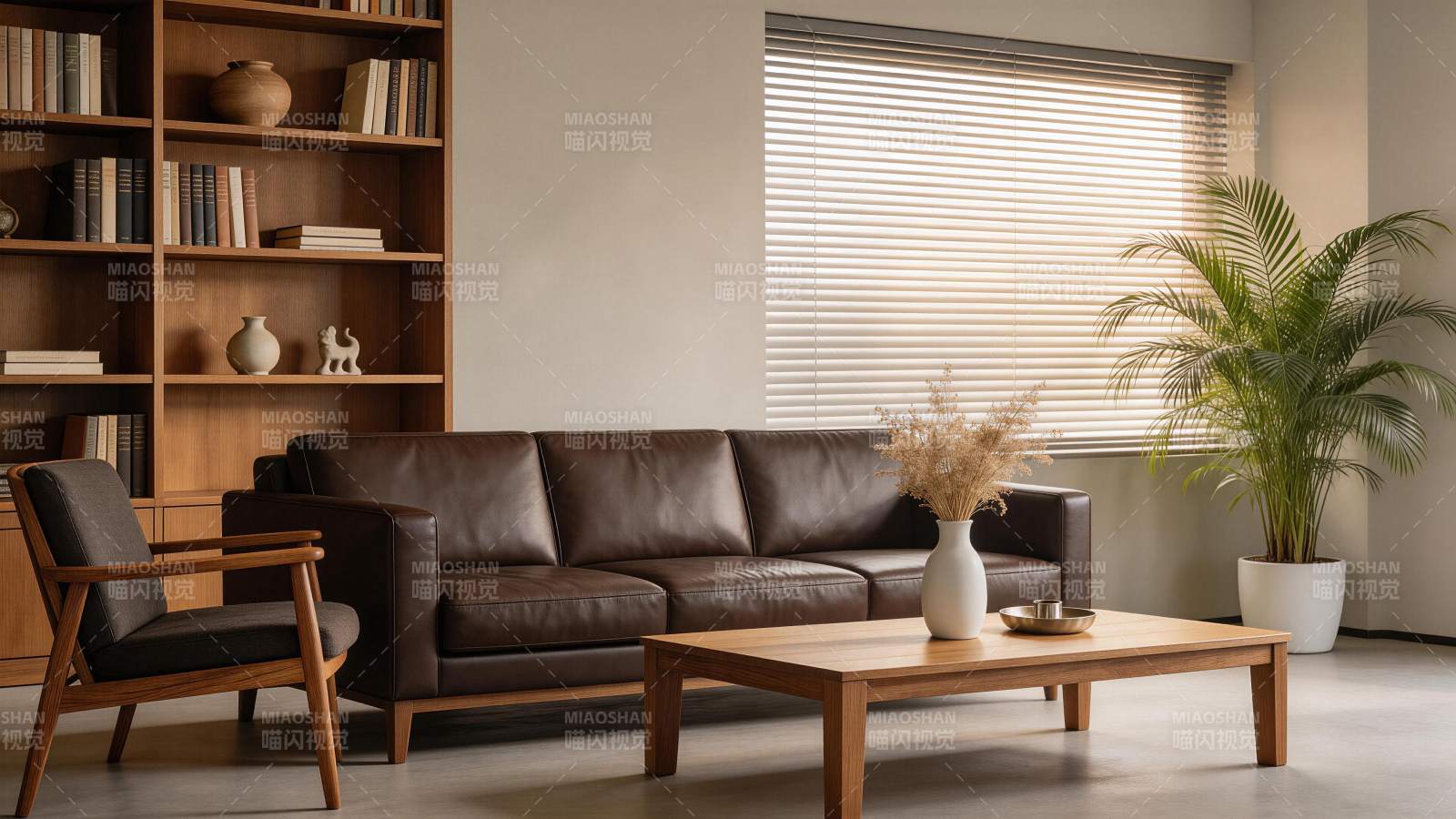 现代简约风格客厅布置含皮沙发书架绿植图片