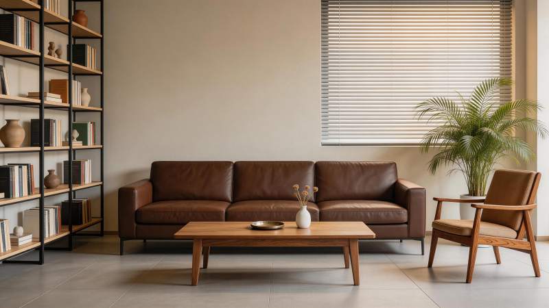 现代简约风格客厅布置含皮沙发书架与绿植图片