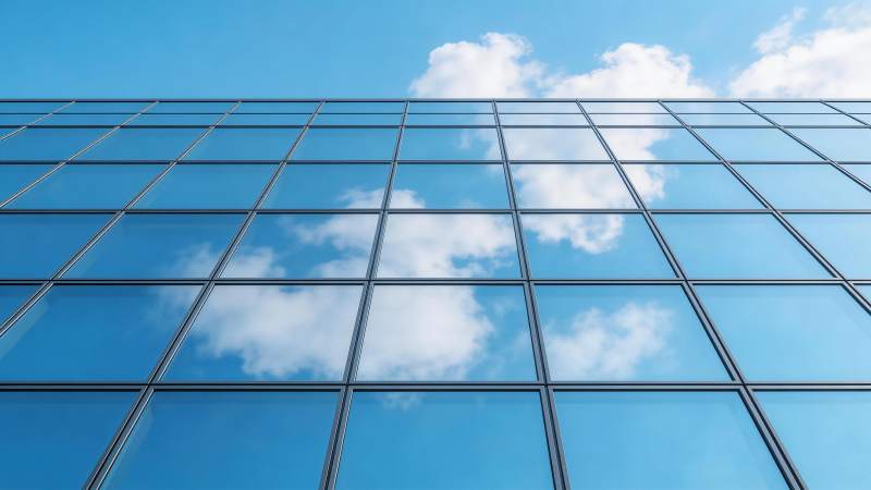 玻璃幕墙反射蓝天白云的现代建筑外立面图片