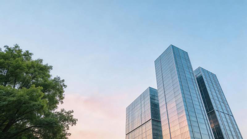 玻璃幕墙高楼与绿树映衬的城市天际线图片