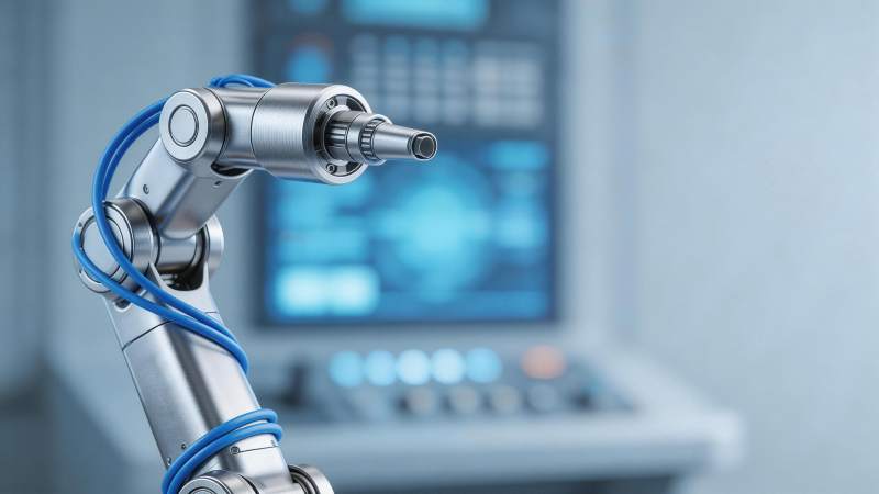 工业机械臂连接蓝色线缆与控制屏幕图片