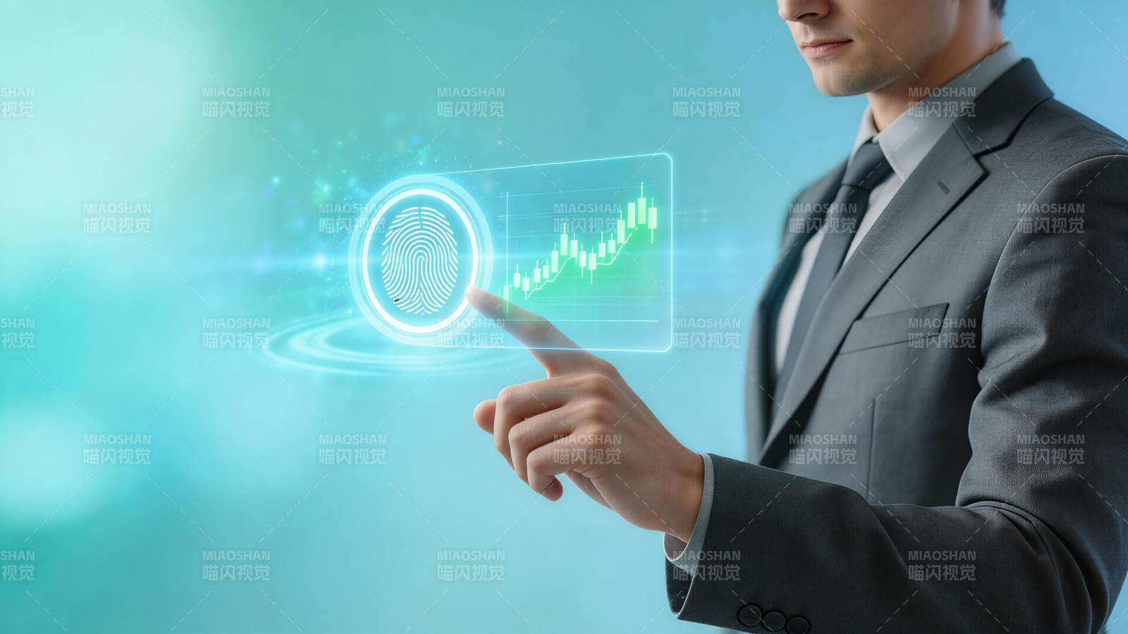 商务人士触控全息指纹与股票图表界面图片
