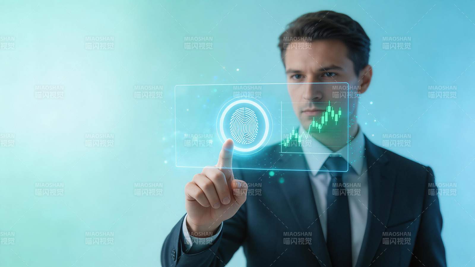 商务人士触控指纹识别与数据图表界面图片