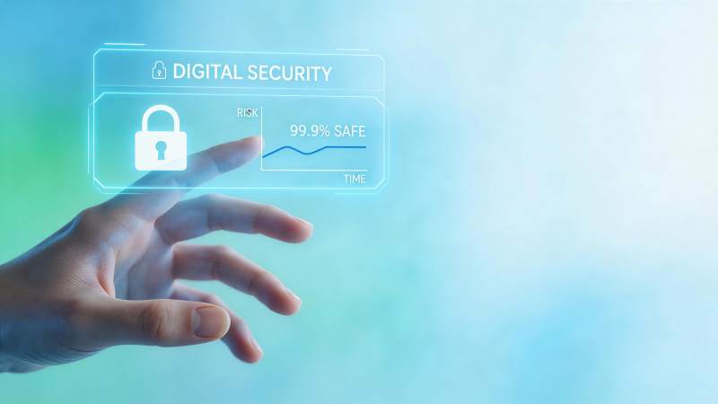 手触虚拟数字安全界面显示风险与安全数据图片