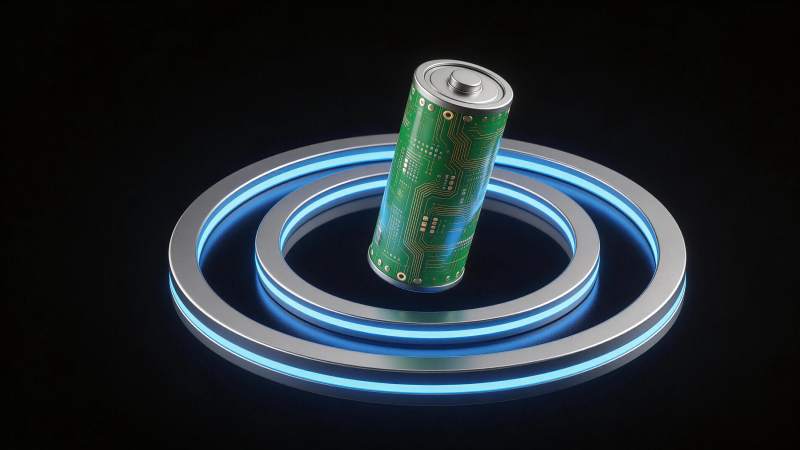 电路板纹理电池置于发光金属环中图片