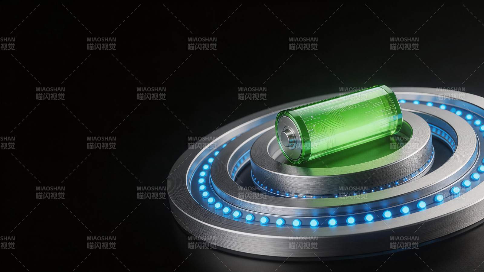 绿色透明电池置于发光金属环形底座上图片