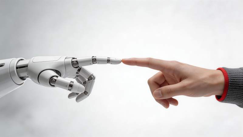 机械手指与人类手指即将触碰的瞬间图片